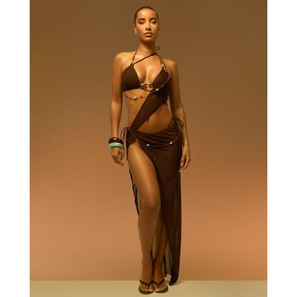 EGO Multi Draped Bead Detail Split Leg Maxi Beach Dress In Brown Mesh, Women's Size UK 8 - 2