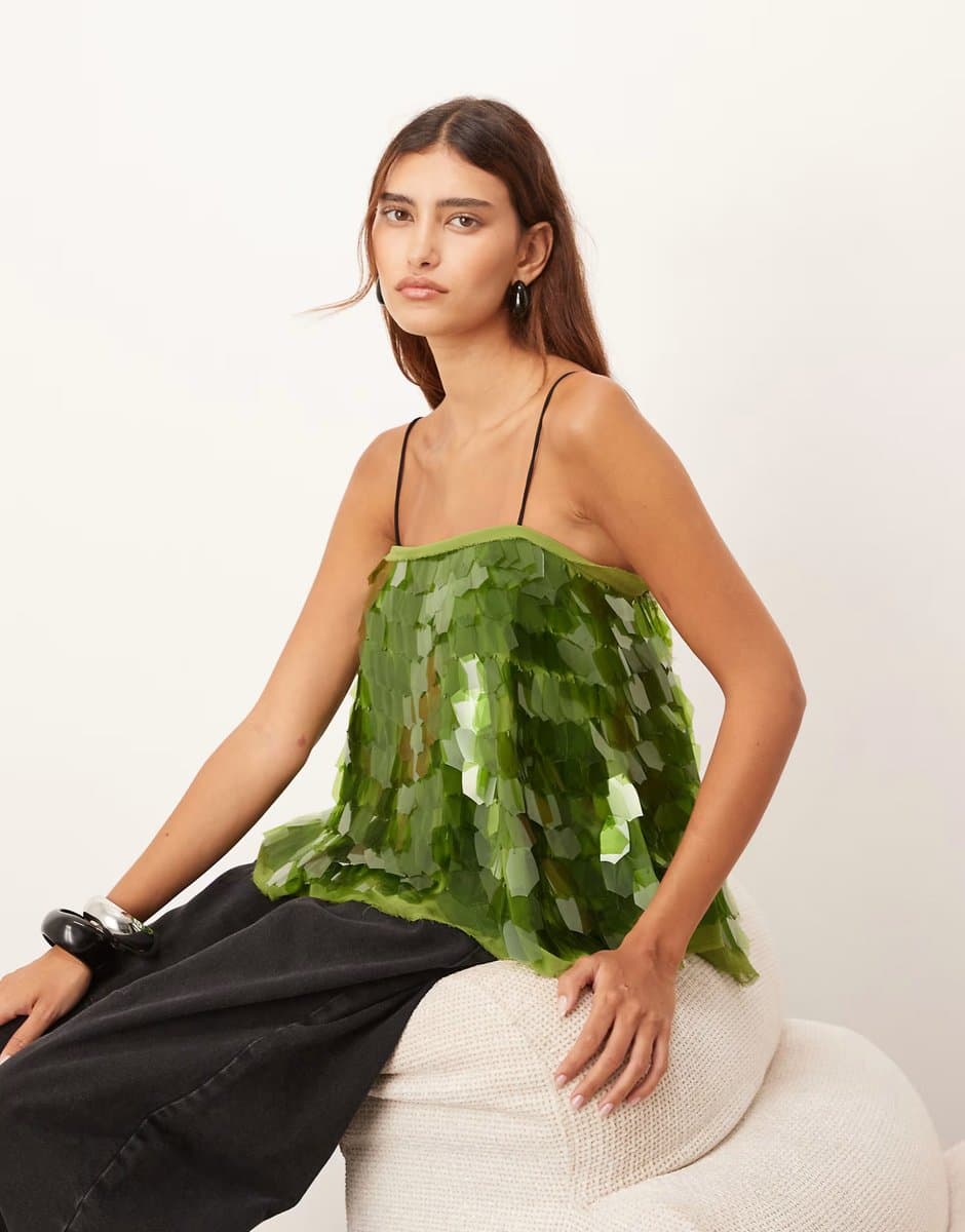 ASOS ARRANGE shard sequin top with contrast straps in olive
