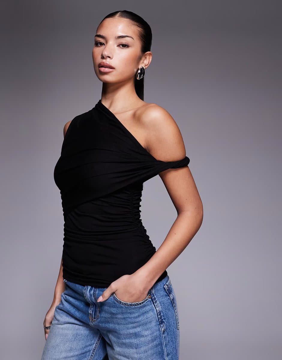 ASOS ASOS DESIGN ruched twist side cut away draped top in black