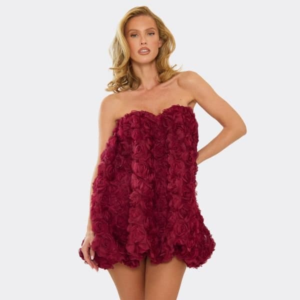 EGO Sweetheart Neckline Puffball Mini Dress In Burgundy Floral Applique, Women's Size UK 6