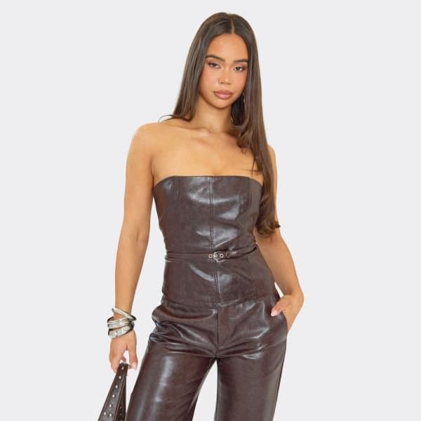 EGO Bandeau Belt Detail Fitted Top In Chocolate Brown Faux Leather, Women's Size UK 6