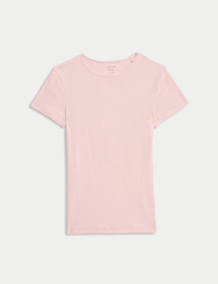 Marks & Spencer M&S Cotton Rich Ribbed Slim Fit T-Shirt Pink Shell - 2