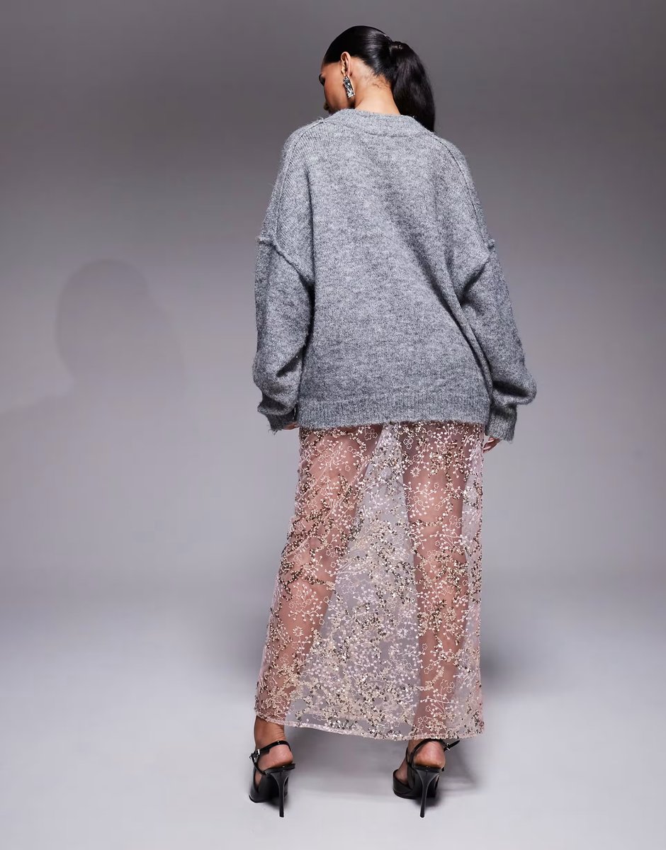 ASOS ASOS DESIGN delicate lace scatter sequin maxi skirt in pink - 3