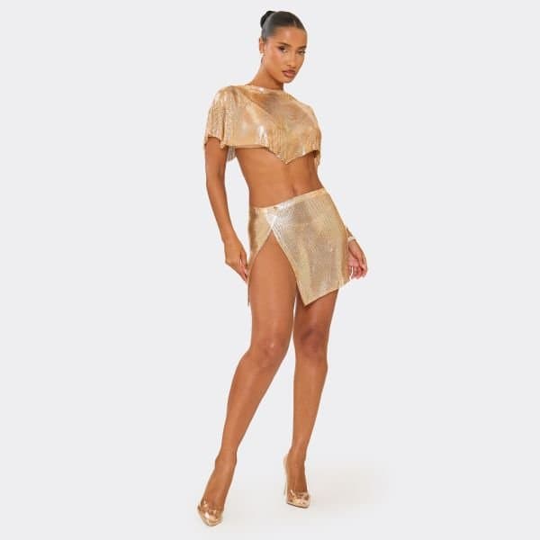 EGO Mid Rise Split Front Mini Skirt In Gold Chainmail, Women's Size UK Large L