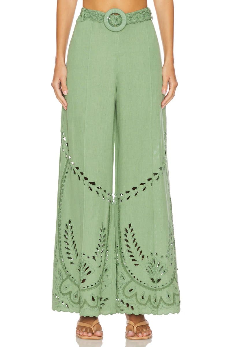 revolve Revolve Floral Print Flared Pants with Buckle Belt in Green