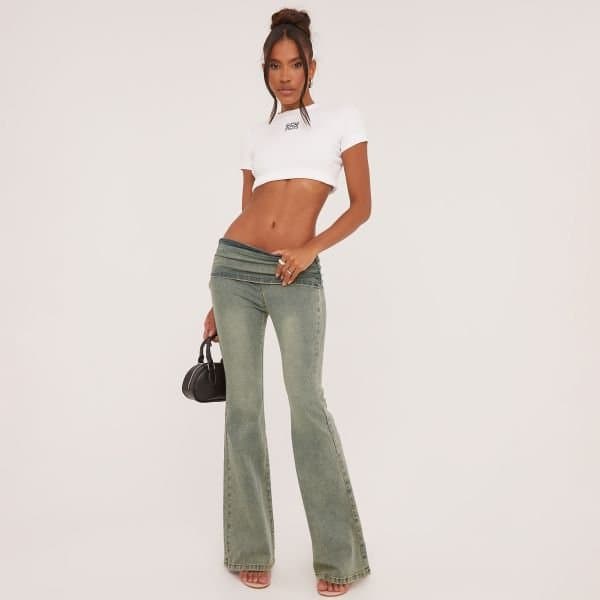 EGO Low Rise Fold Over Waistband Detail Flared Jeans In Washed Blue Denim, Women's Size UK 6