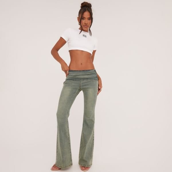 EGO Low Rise Fold Over Waistband Detail Flared Jeans In Washed Blue Denim, Women's Size UK 6 - 2