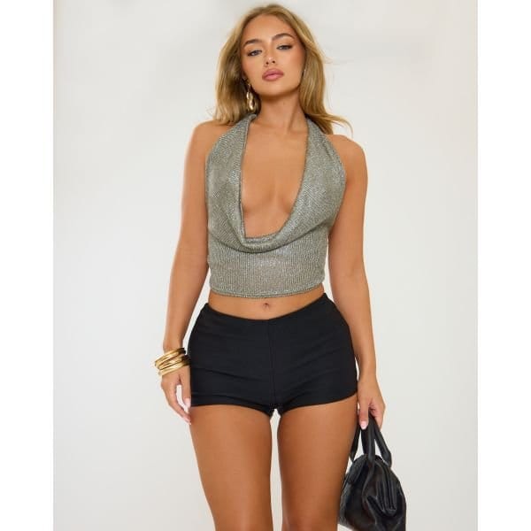 EGO Cowl Neck Crop Top In Green Glitter, Women's Size UK 10 - 2