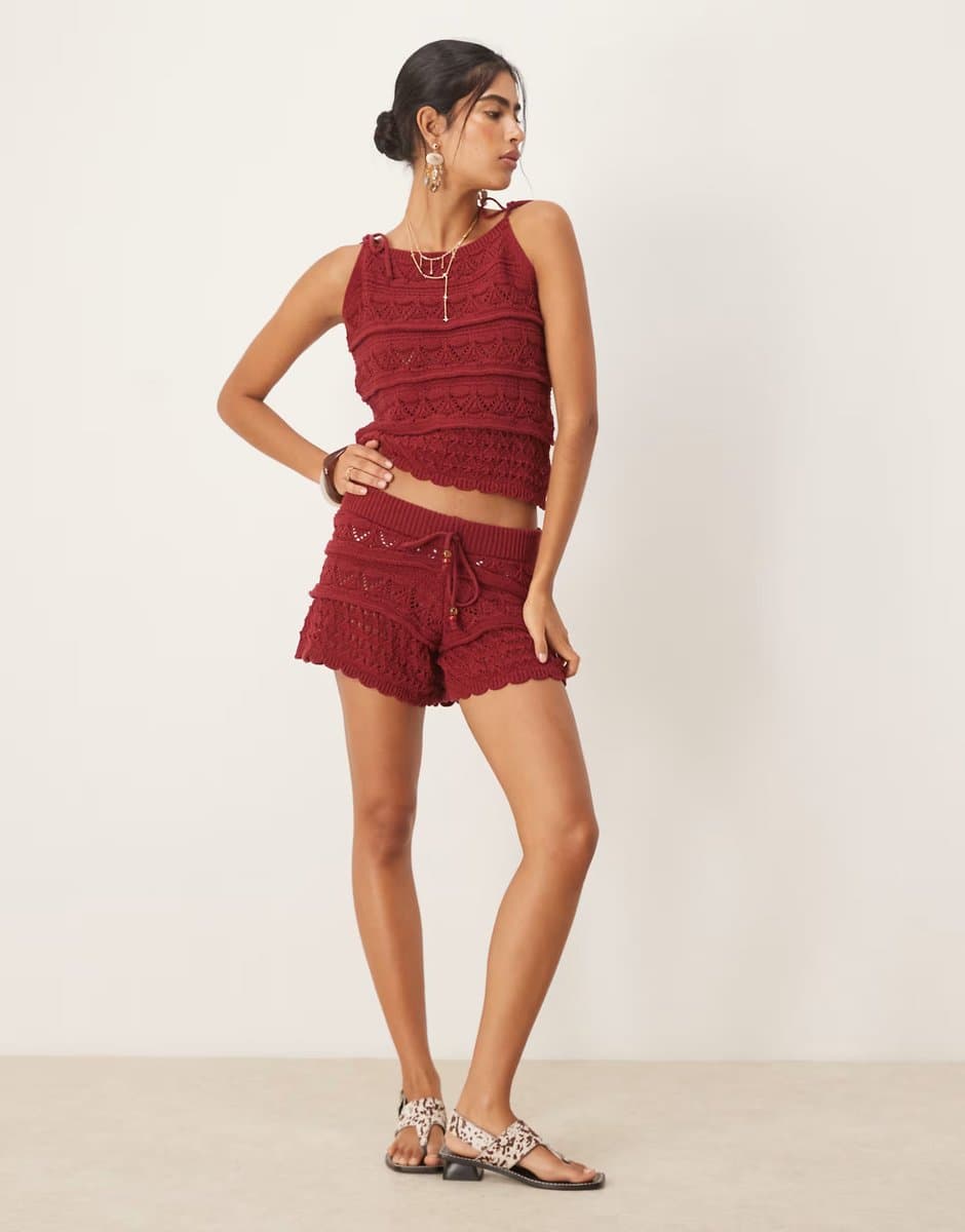 ASOS ASOS DESIGN crochet knit cami top and short co-ord with beads in rust