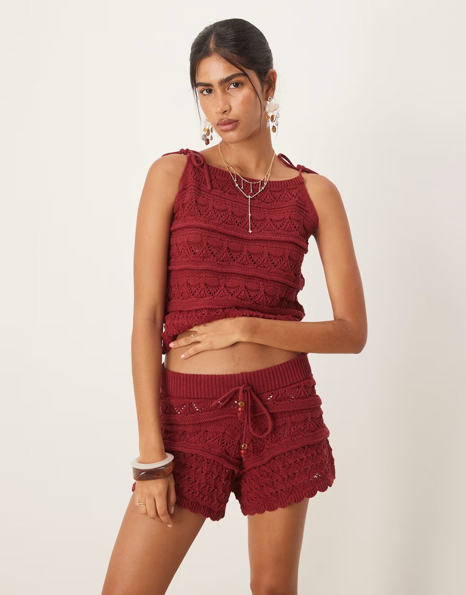 ASOS ASOS DESIGN crochet knit cami top and short co-ord with beads in rust - 3