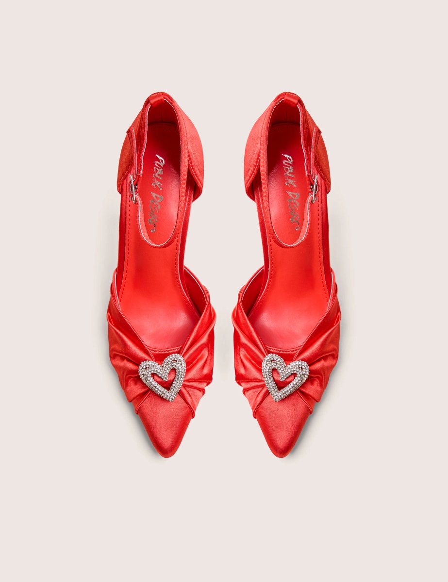 Public Desire Meant to Be Red Satin Diamante Heart Court Stiletto Heel - 2