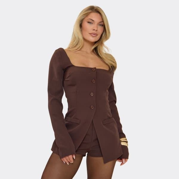 EGO Long Sleeve Square Neck Button Down Split Front Playsuit In Chocolate Brown, Women's Size UK 6