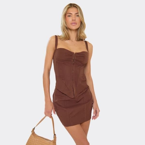 EGO Sweetheart Neck Corset Detail Mini Dress In Chocolate Brown Woven, Women's Size UK 6