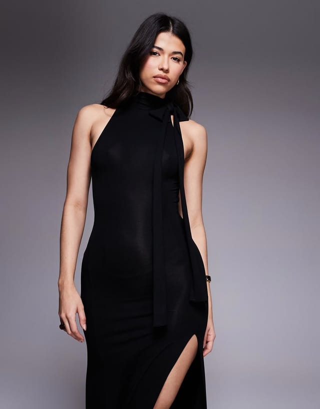 ASOS ASOS DESIGN high neck with bow detail maxi dress with side split in black - 3