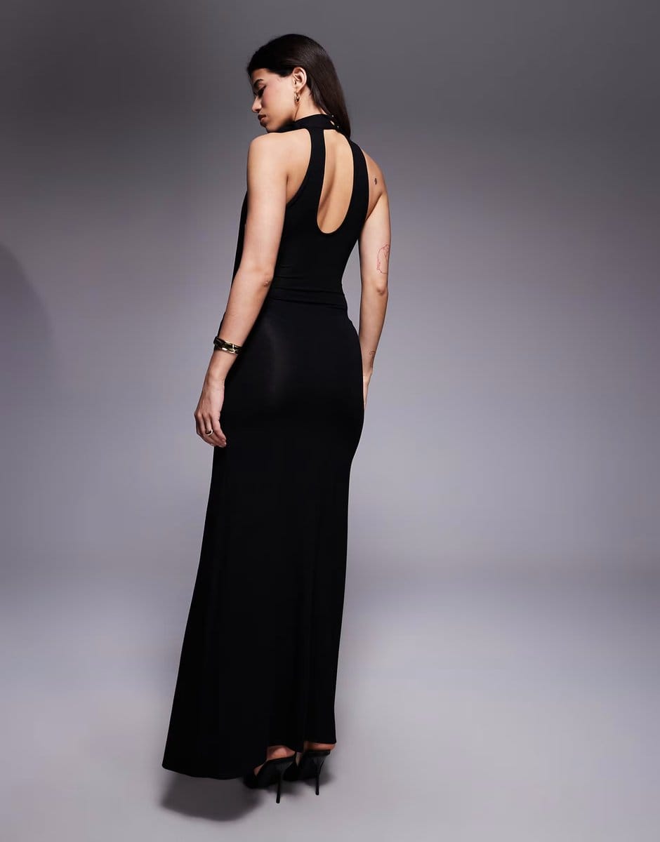 ASOS ASOS DESIGN high neck with bow detail maxi dress with side split in black - 4