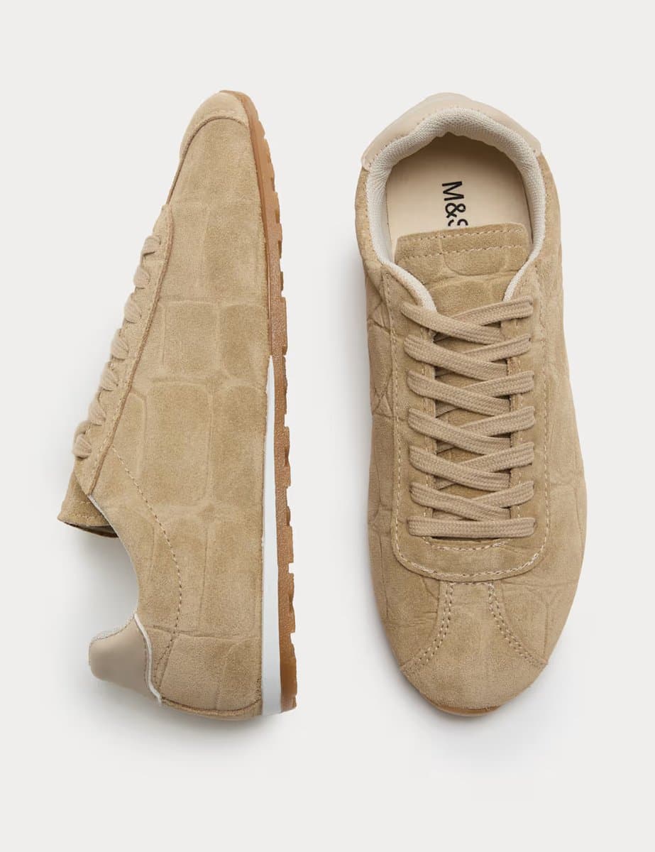 Marks & Spencer M&S Suede Embossed Croc Trainers in Sand