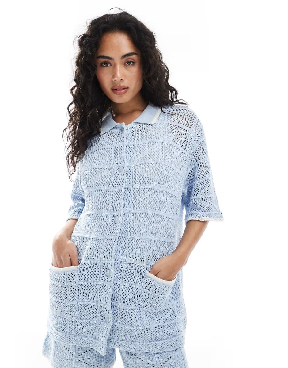 ASOS JJXX co ord crochet shirt in blue