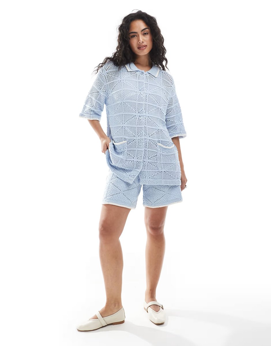 ASOS JJXX co ord crochet shirt in blue - 3