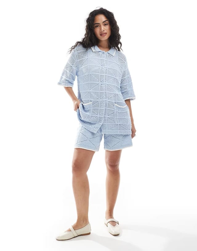 ASOS JJXX co ord crochet shirt in blue - 3