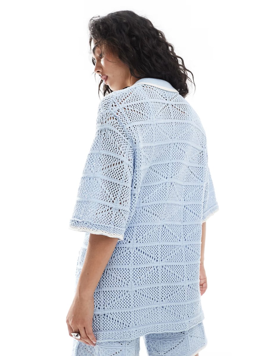 ASOS JJXX co ord crochet shirt in blue - 4