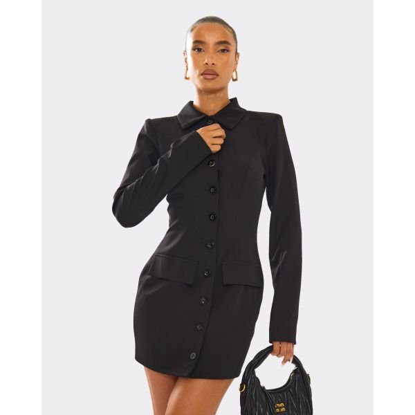 EGO Long Sleeve Button Front Collared Blazer Dress In Black, Women's Size UK 6 - 2