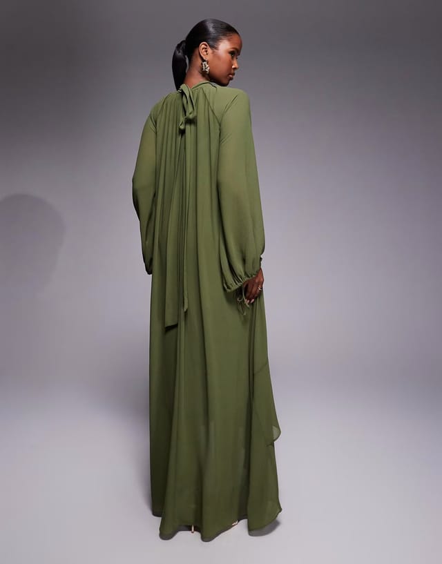 ASOS TFNC Rumi chiffon balloon sleeve ruffle high low hem maxi dress in khaki - 3