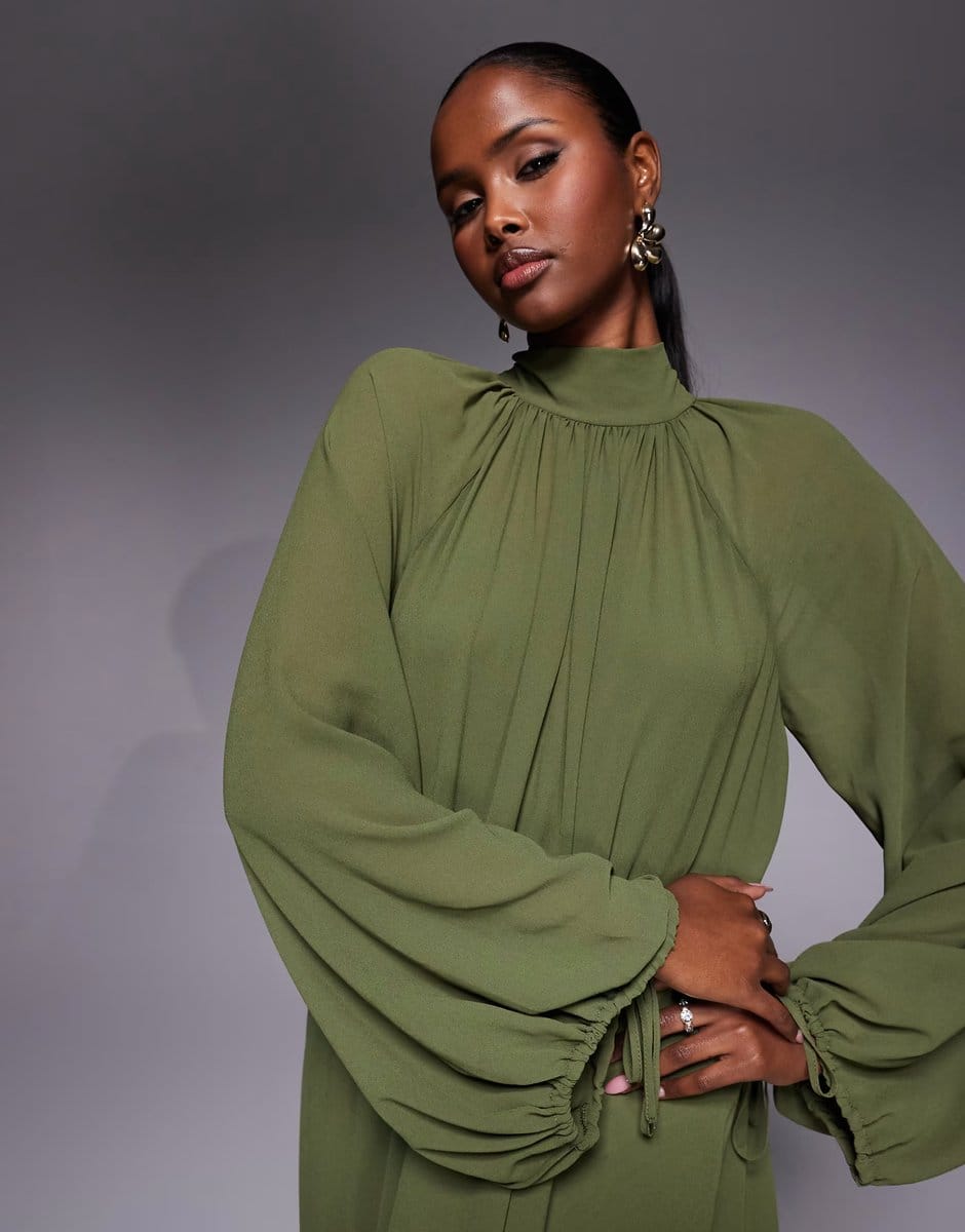 ASOS TFNC Rumi chiffon balloon sleeve ruffle high low hem maxi dress in khaki - 4