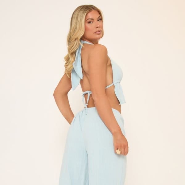 EGO Halterneck Split Hem Tie Back Detail Top In Blue Linen, Women's Size UK 10 - 2