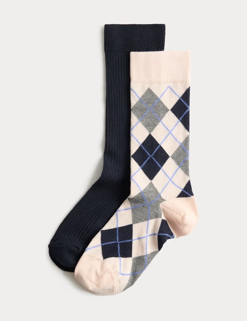 Marks & Spencer M&S 2 Pack Argyle Crew Socks Pink Mix - 1