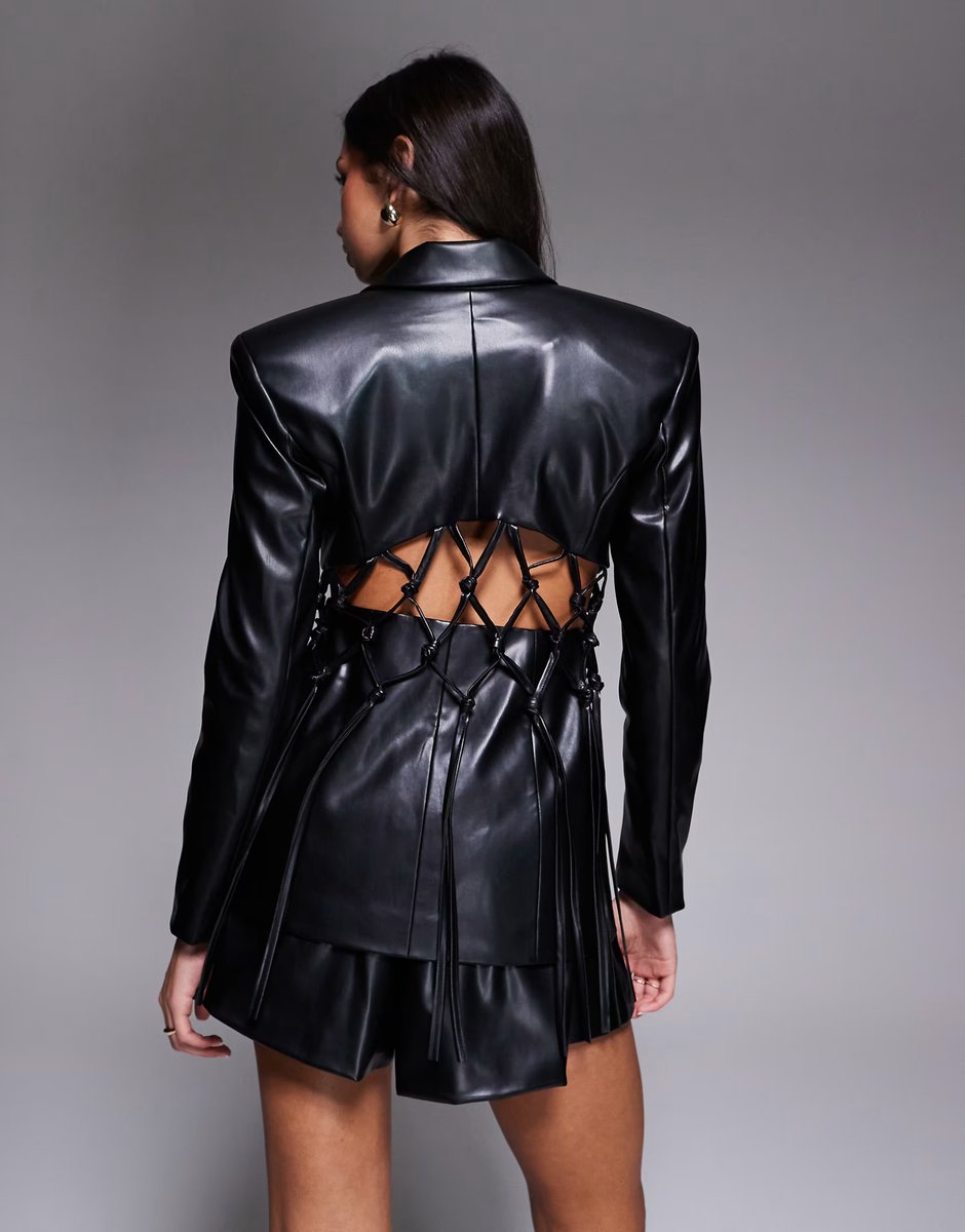 ASOS ASOS LUXE co-ord faux leather macrame blazer in black - 4