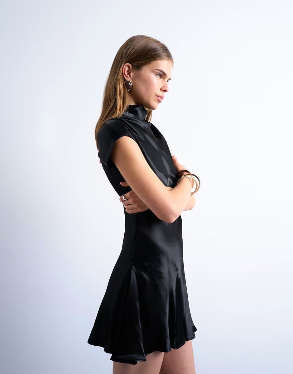 ASOS Topshop grown on sleeve satin dress in black