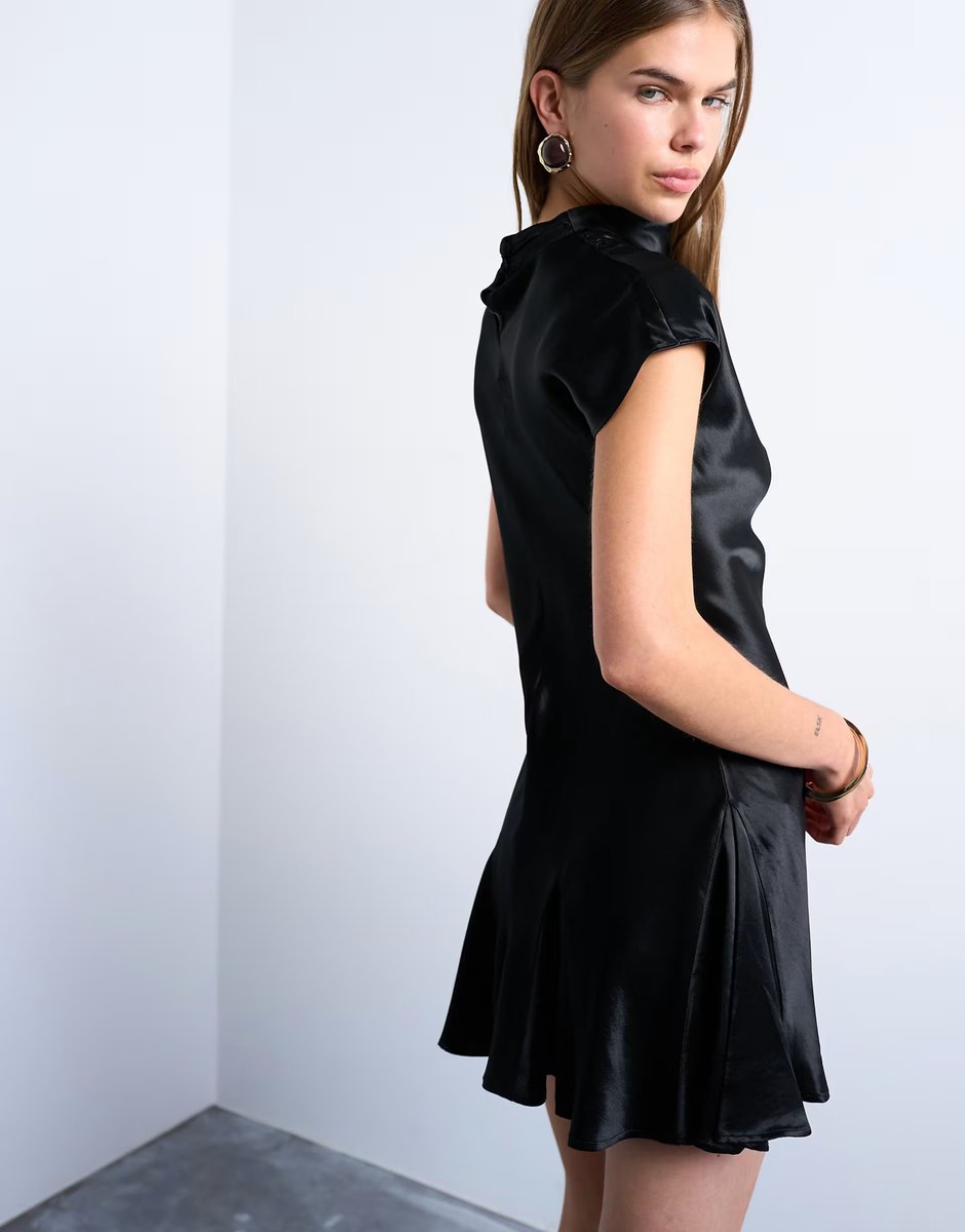 ASOS Topshop grown on sleeve satin dress in black - 4
