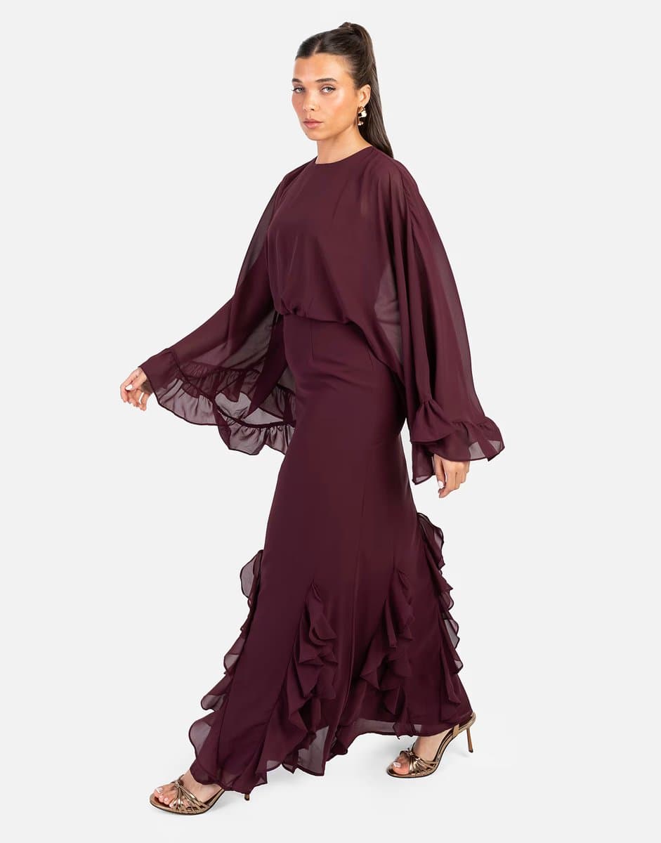 ASOS Anaya Oversized sleeve round neck ruffle maxi dress in maroon