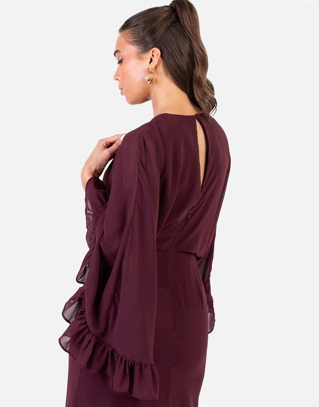 ASOS Anaya Oversized sleeve round neck ruffle maxi dress in maroon - 2