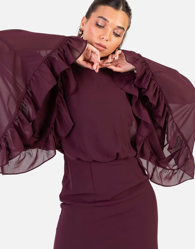 ASOS Anaya Oversized sleeve round neck ruffle maxi dress in maroon - 3