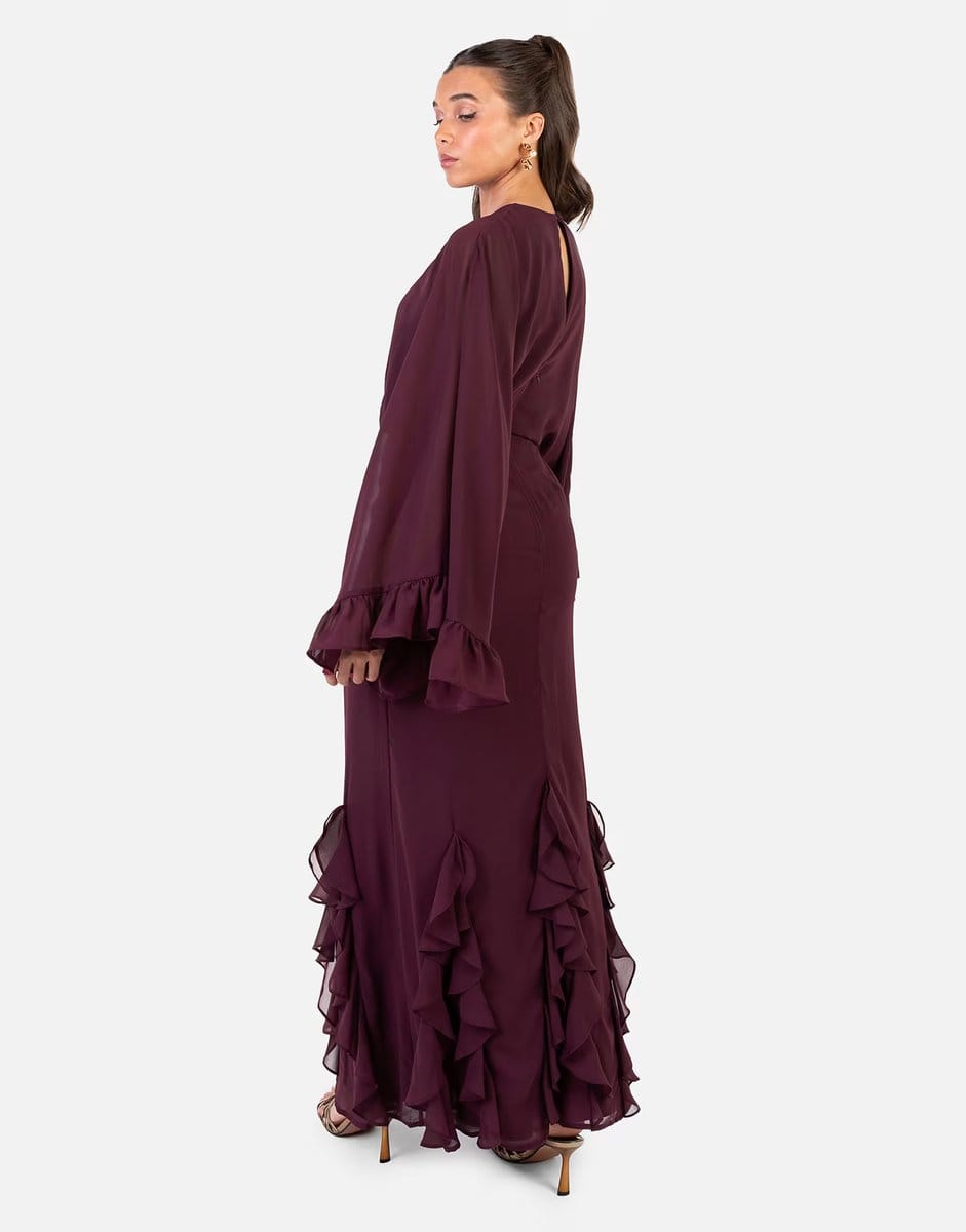 ASOS Anaya Oversized sleeve round neck ruffle maxi dress in maroon - 4