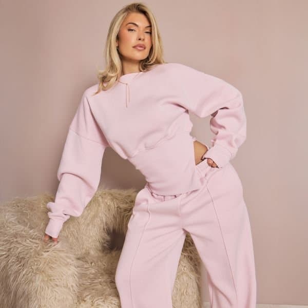 EGO Balloon Sleeve Asymmetric Cinched Waist Sweatshirt In Pink, Women's Size UK 6