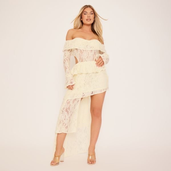 EGO Lace Bardot Flute Sleeve Asymmetric Drape Detail Mini Dress In Cream Lace, Women's Size UK 6 - 1