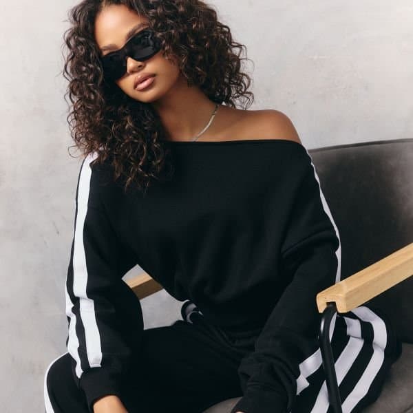 EGO Off The Shoulder Long Sleeve Side Stripe Detail Sweatshirt In Black, Women's Size UK 4