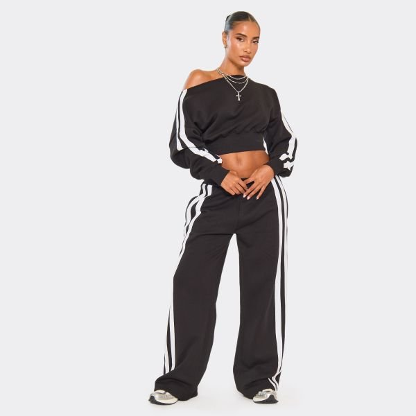 EGO Off The Shoulder Long Sleeve Side Stripe Detail Sweatshirt In Black, Women's Size UK 4 - 2