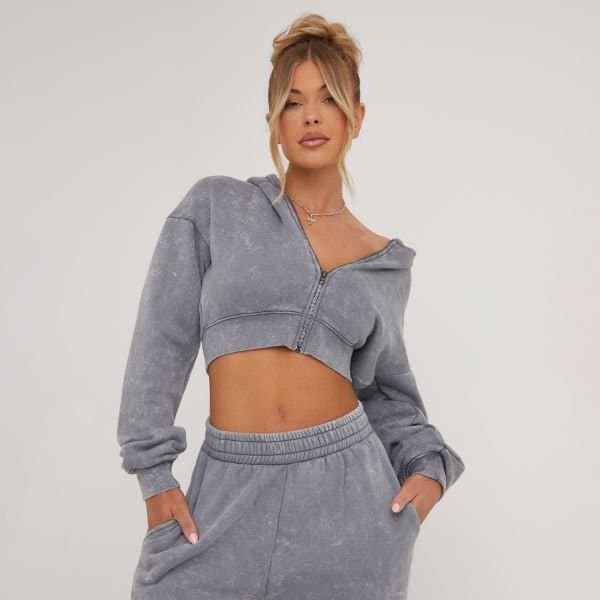 EGO EGO Long Sleeve Oversized Zip Detail Cropped Hoodie in Light Grey