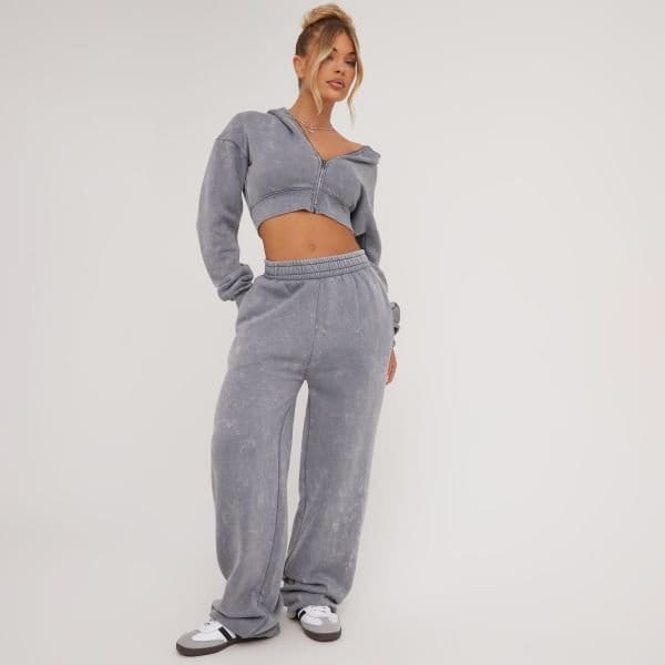 EGO Long Sleeve Oversized Zip Detail Cropped Hoodie In Light Grey Acid Wash, Women's Size UK 12 - 2