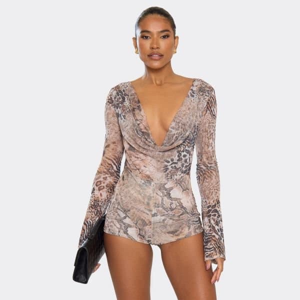 EGO Long Sleeve Cowl Neck Detail Playsuit In Brown Animal Print, Women's Size UK 6