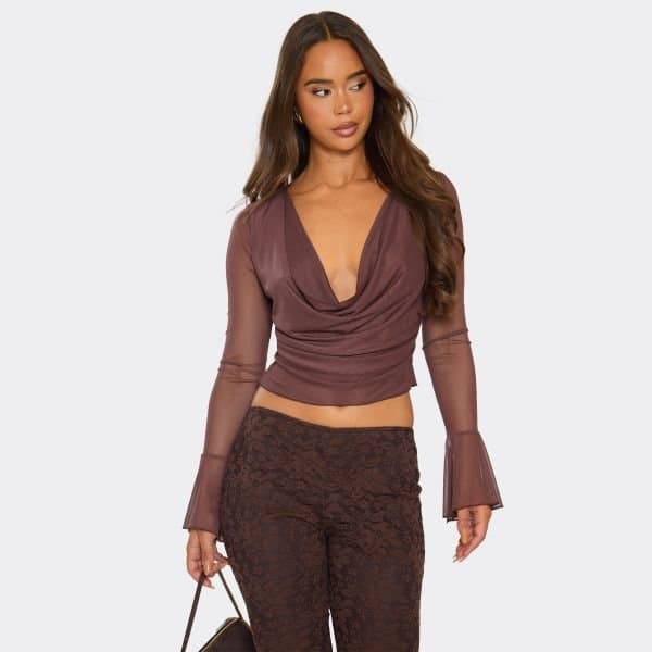 EGO Long Flared Sleeve Cowl Neck Top In Chocolate Brown Mesh, Women's Size UK 6