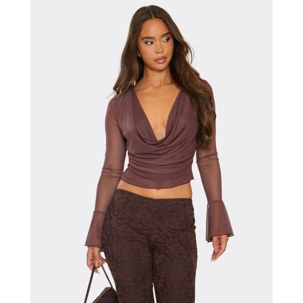 EGO Long Flared Sleeve Cowl Neck Top In Chocolate Brown Mesh, Women's Size UK 6 - 2