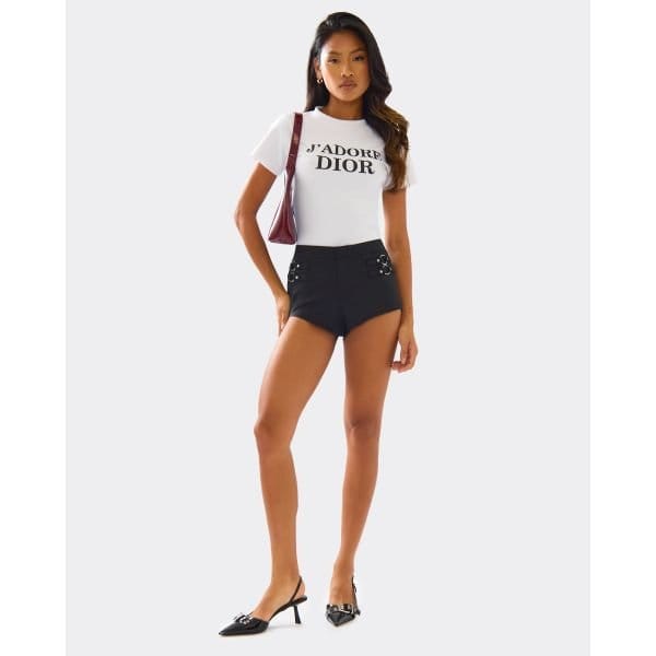 EGO Mid Rise Buckle Detail Micro Shorts In Black Woven, Women's Size UK 6 - 2
