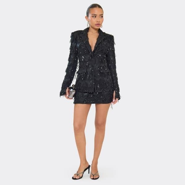 EGO Mid Waist Tassel Sequin Detail Mini Skirt In Black, Women's Size UK 6