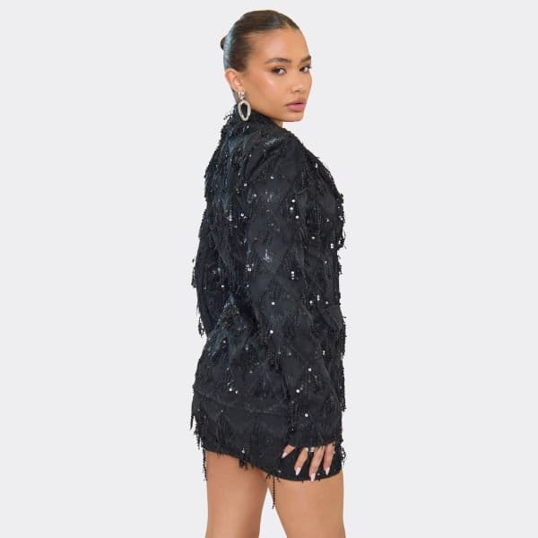 EGO Mid Waist Tassel Sequin Detail Mini Skirt In Black, Women's Size UK 6 - 2