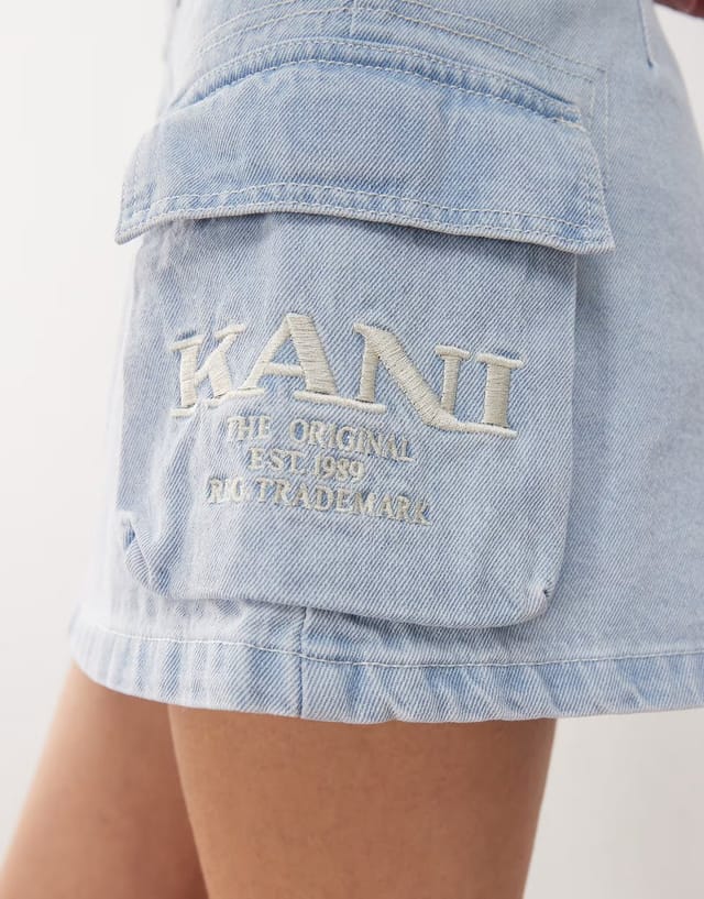 ASOS Karl Kani retro denim cargo skirt in bleached wash blue - 2