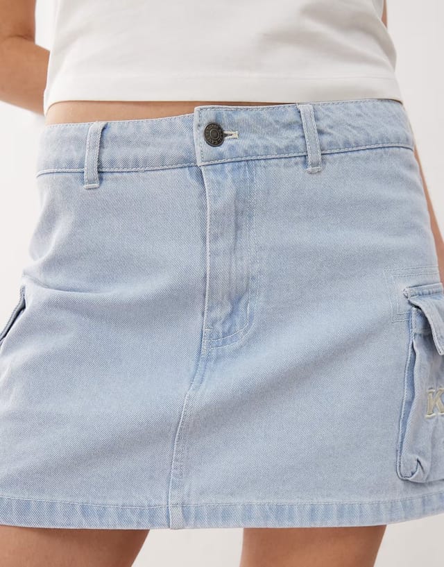 ASOS Karl Kani retro denim cargo skirt in bleached wash blue - 3